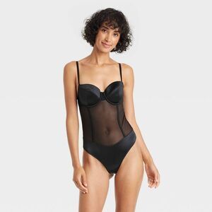 Auden - Women's Satin and Mesh Lightly Lined Lingerie Body Black